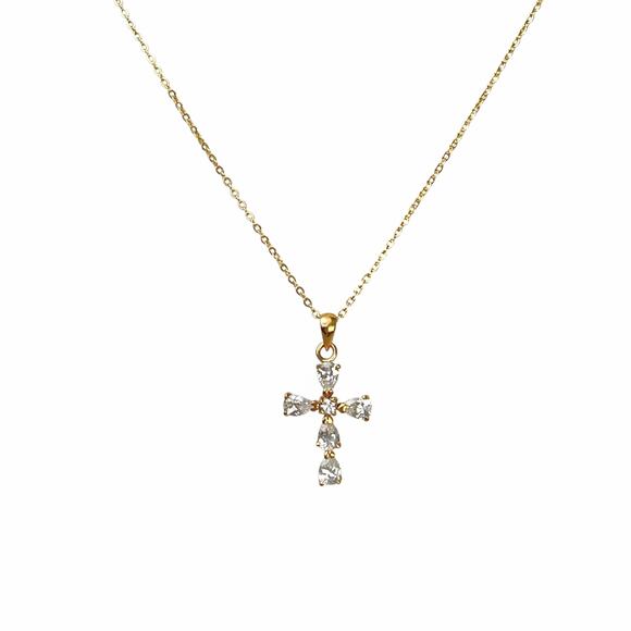 Cross Pendant Necklace Rhinestones Open Back Delicate Goldtone Chain Elegant 15" - Picture 6 of 15